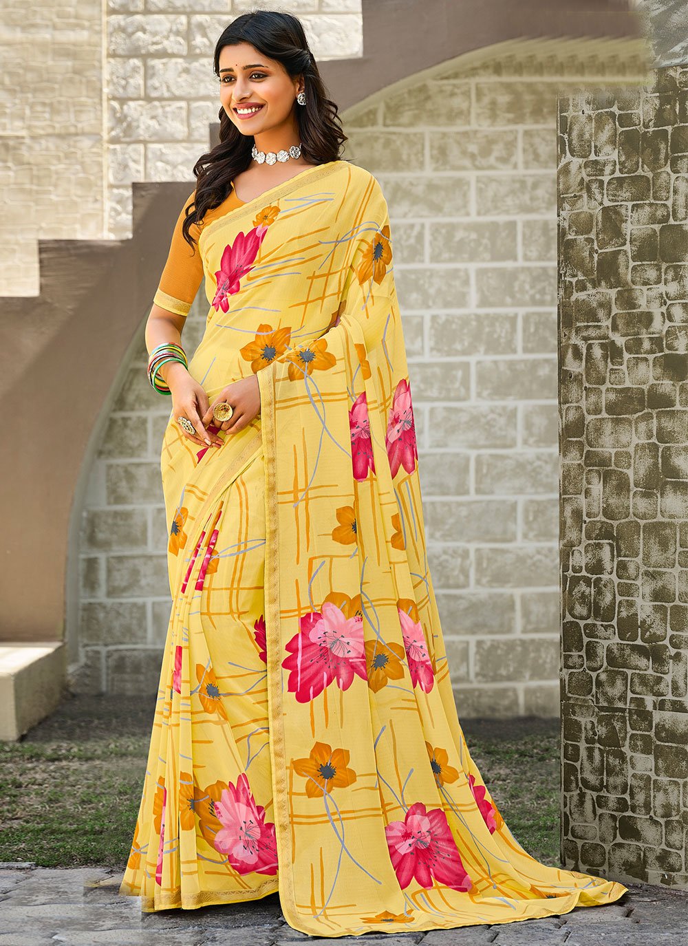 Trendy Saree Georgette Yellow Fancy Work Saree