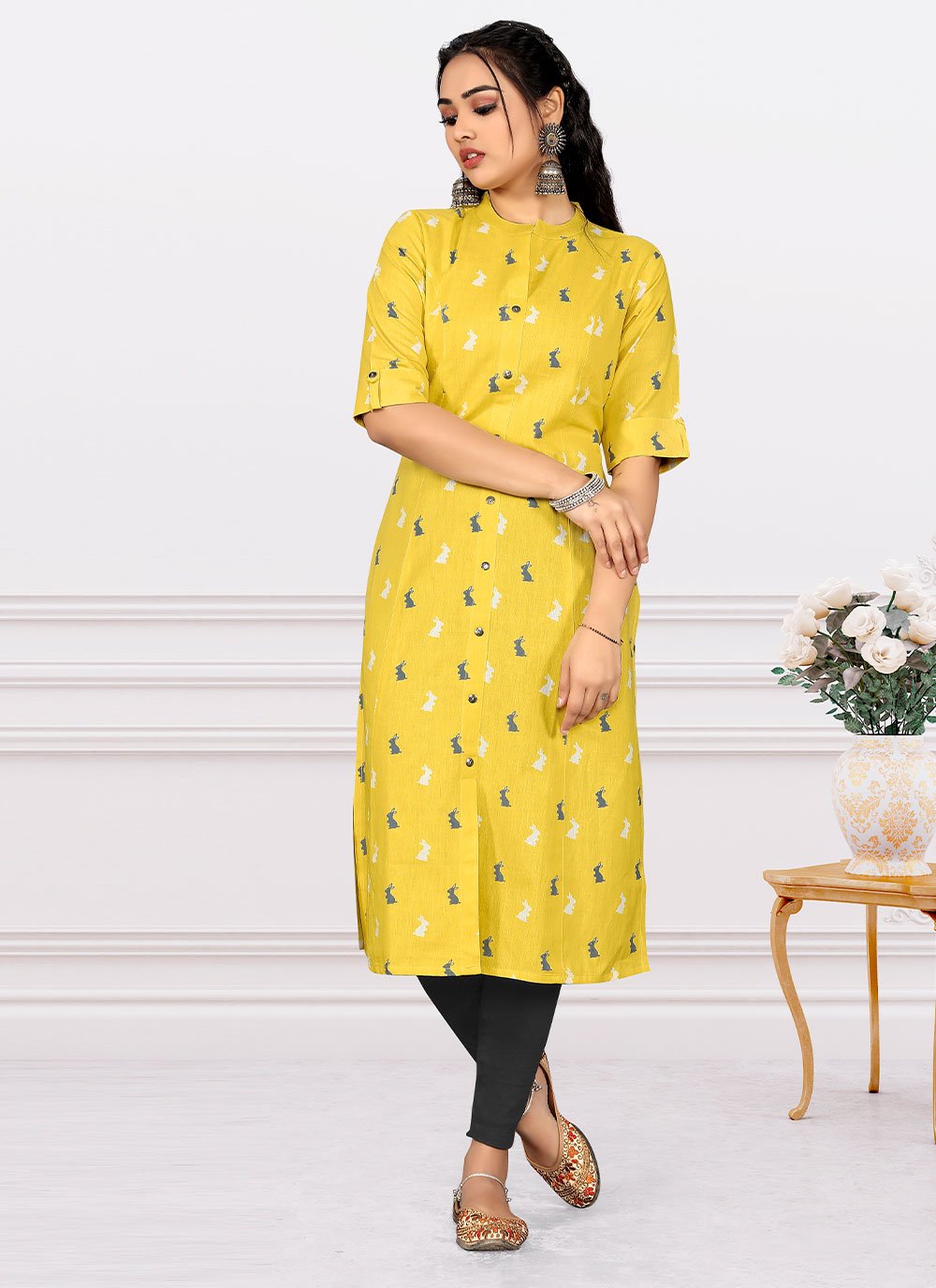 Party Wear Kurti Cotton Yellow Print Kurtis