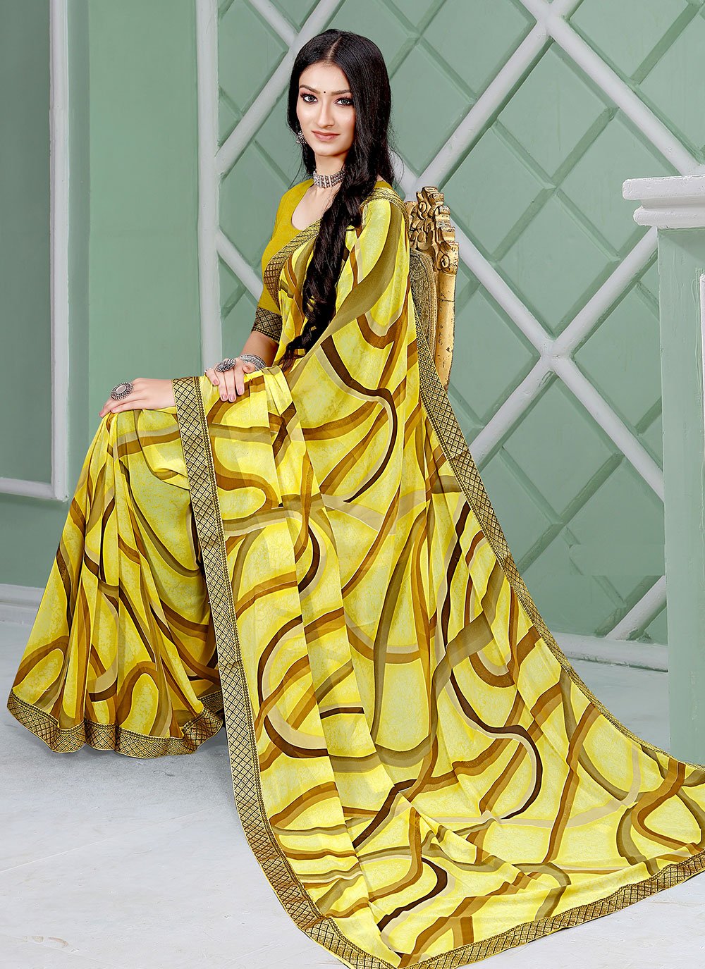 Trendy Saree Faux Georgette Yellow Patch Border Saree