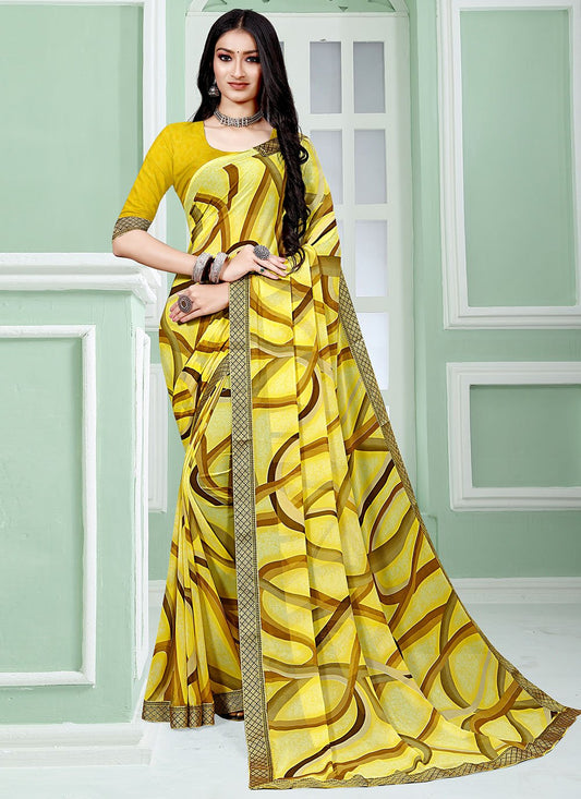 Trendy Saree Faux Georgette Yellow Patch Border Saree