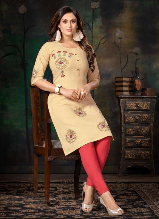 Party Wear Kurti Handloom Cotton Yellow Embroidered Kurtis