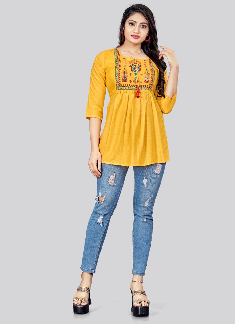 Casual Kurti Rayon Yellow Embroidered Kurtis