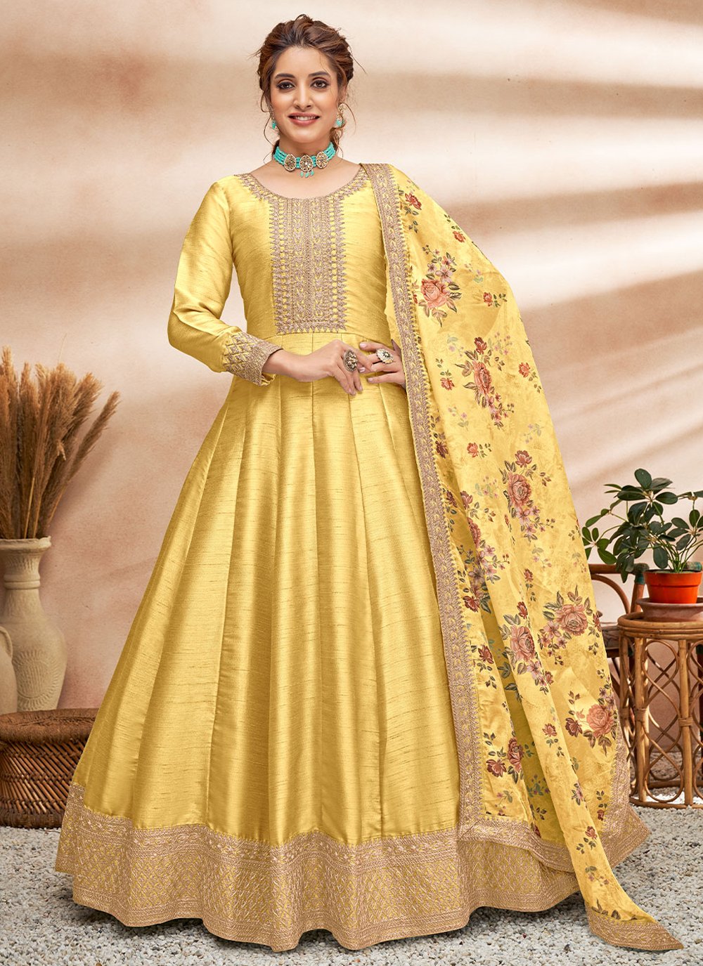 Salwar Suit Art Silk Yellow Embroidered Salwar Kameez