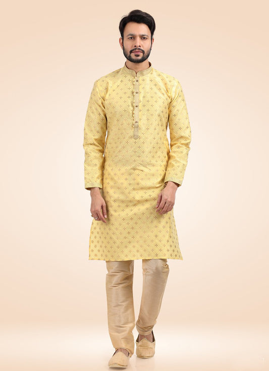 Kurta Pyjama Banarasi Jacquard Yellow Fancy Work Mens