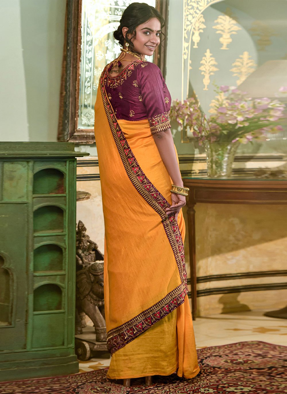 Classic Vichitra Silk Yellow Embroidered Saree