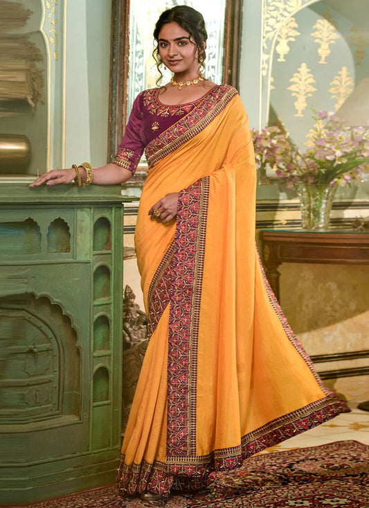 Classic Vichitra Silk Yellow Embroidered Saree