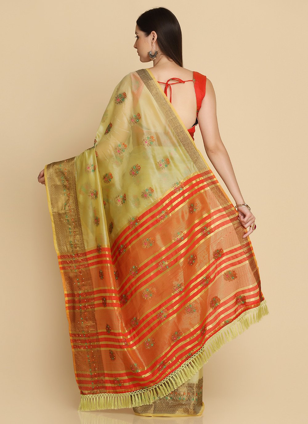 Traditional Saree Organza Yellow Weaving Saree