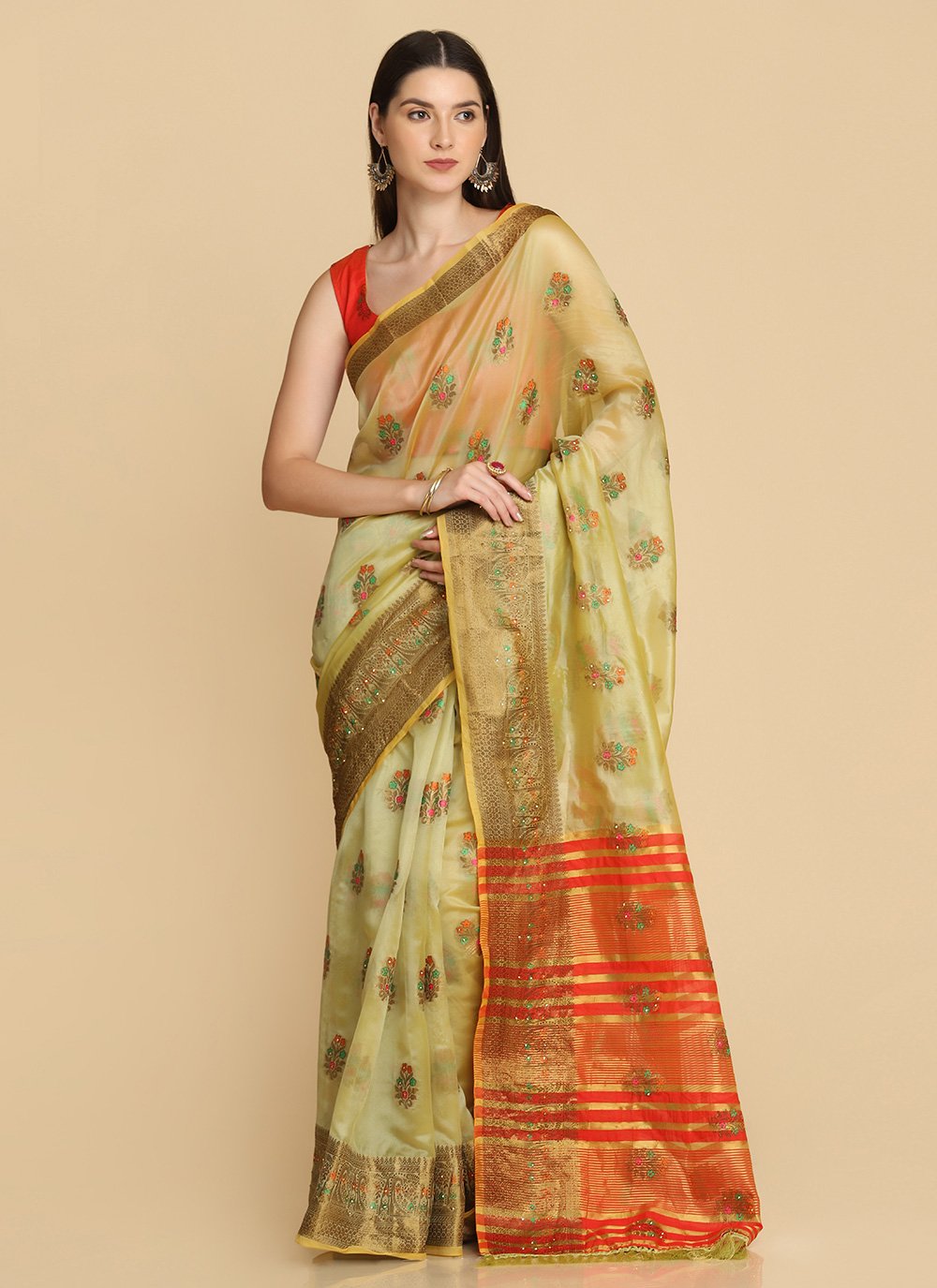 Traditional Saree Organza Yellow Weaving Saree