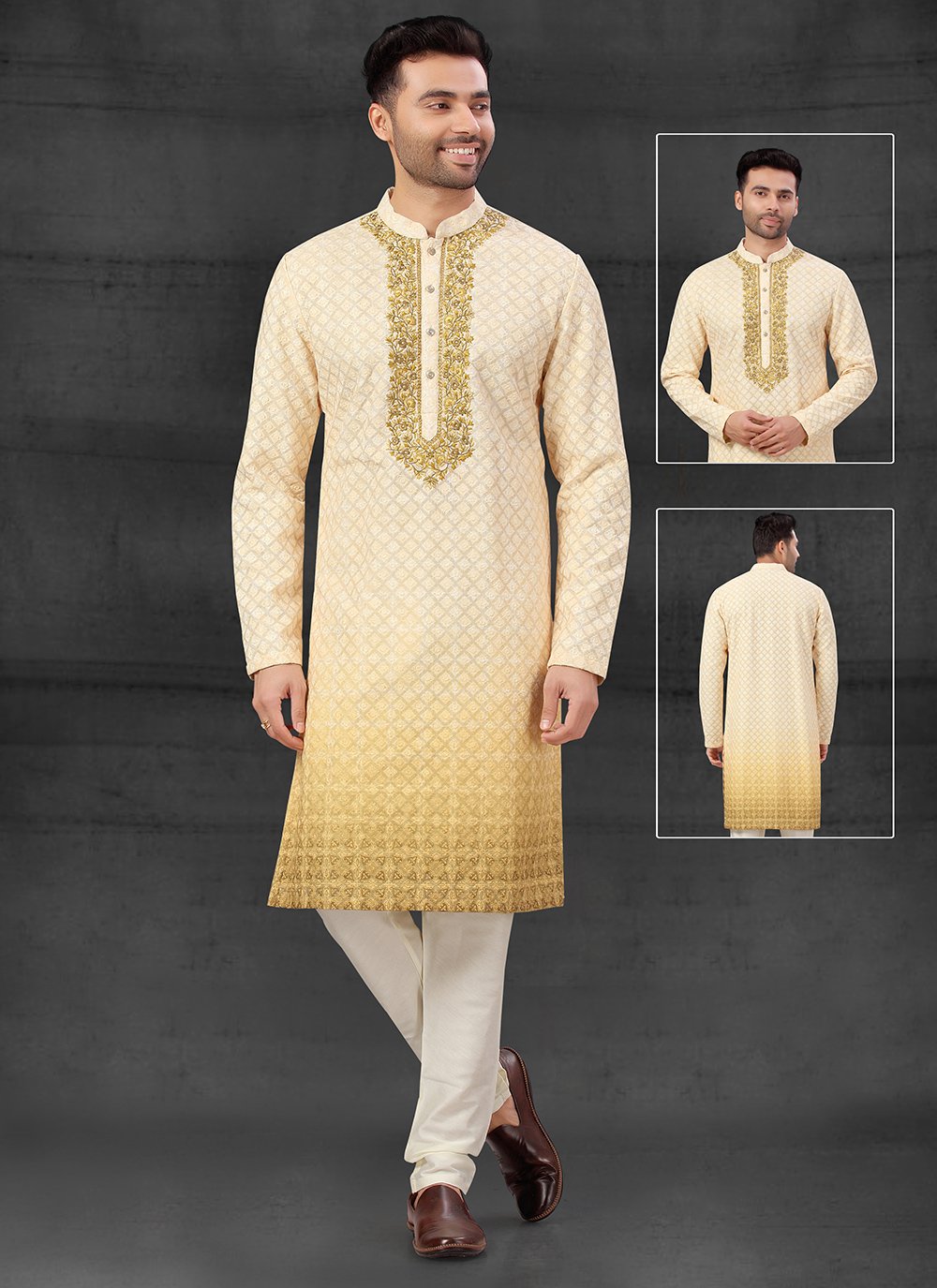 Kurta Pyjama Cotton Silk Yellow Thread Mens