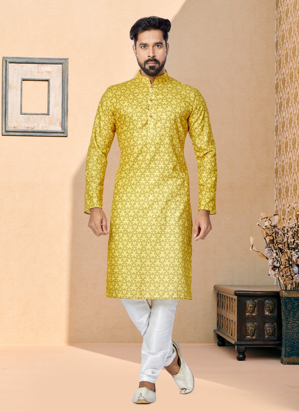 Kurta Pyjama Cotton Yellow Digital Print Mens