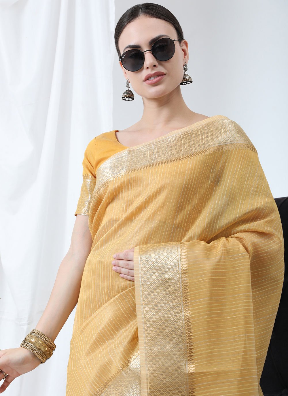 Classic Linen Tissue Yellow Strips Print Saree