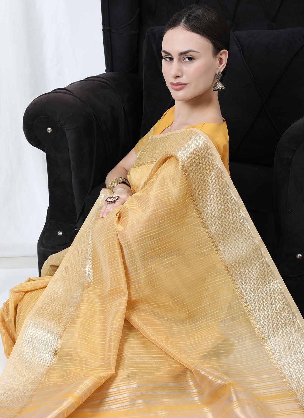 Classic Linen Tissue Yellow Strips Print Saree