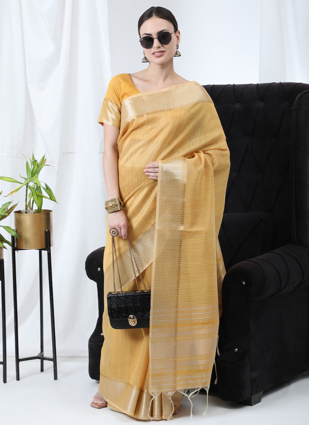 Classic Linen Tissue Yellow Strips Print Saree