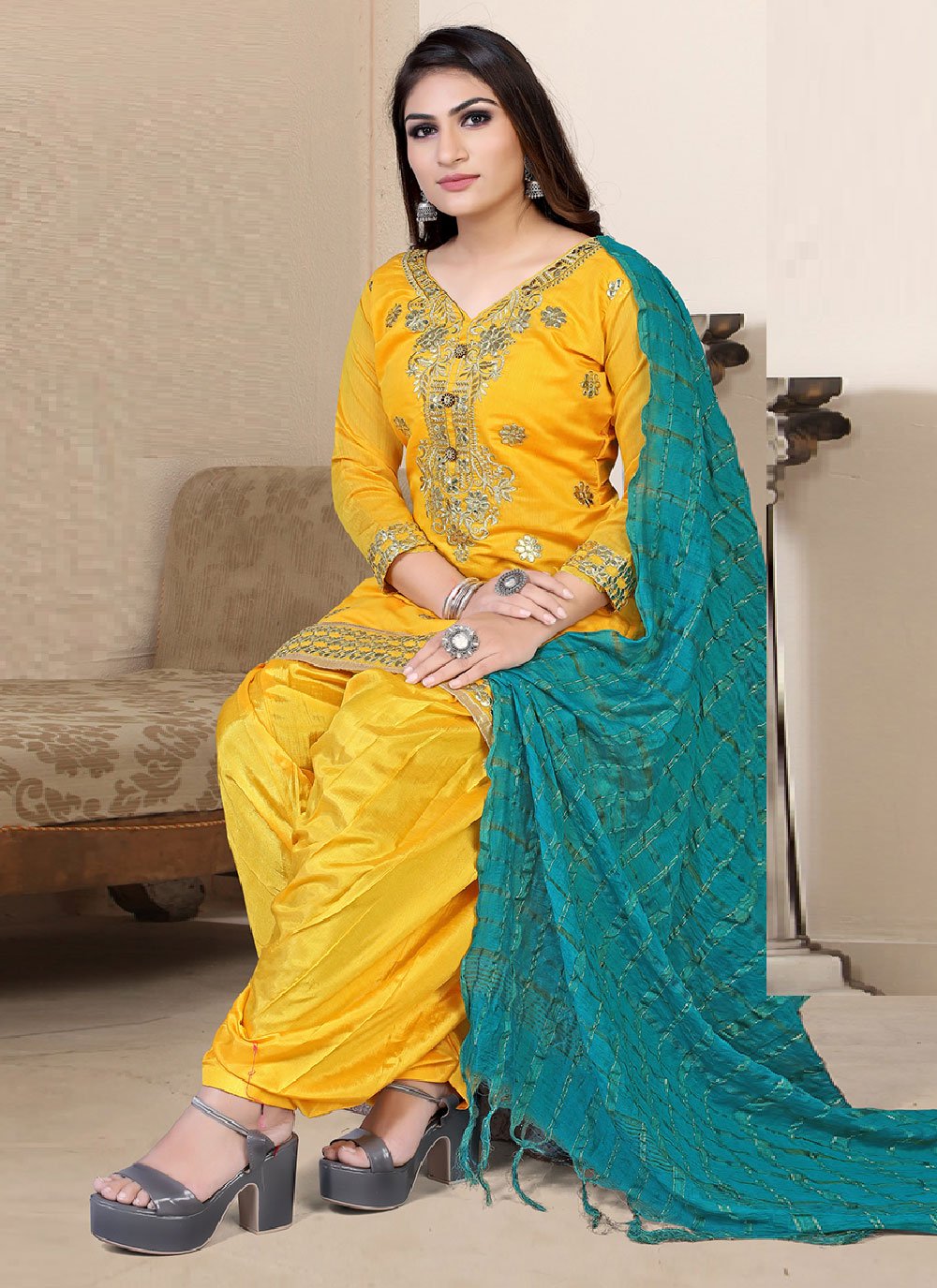 Straight Salwar Suit Chanderi Yellow Embroidered Salwar Kameez