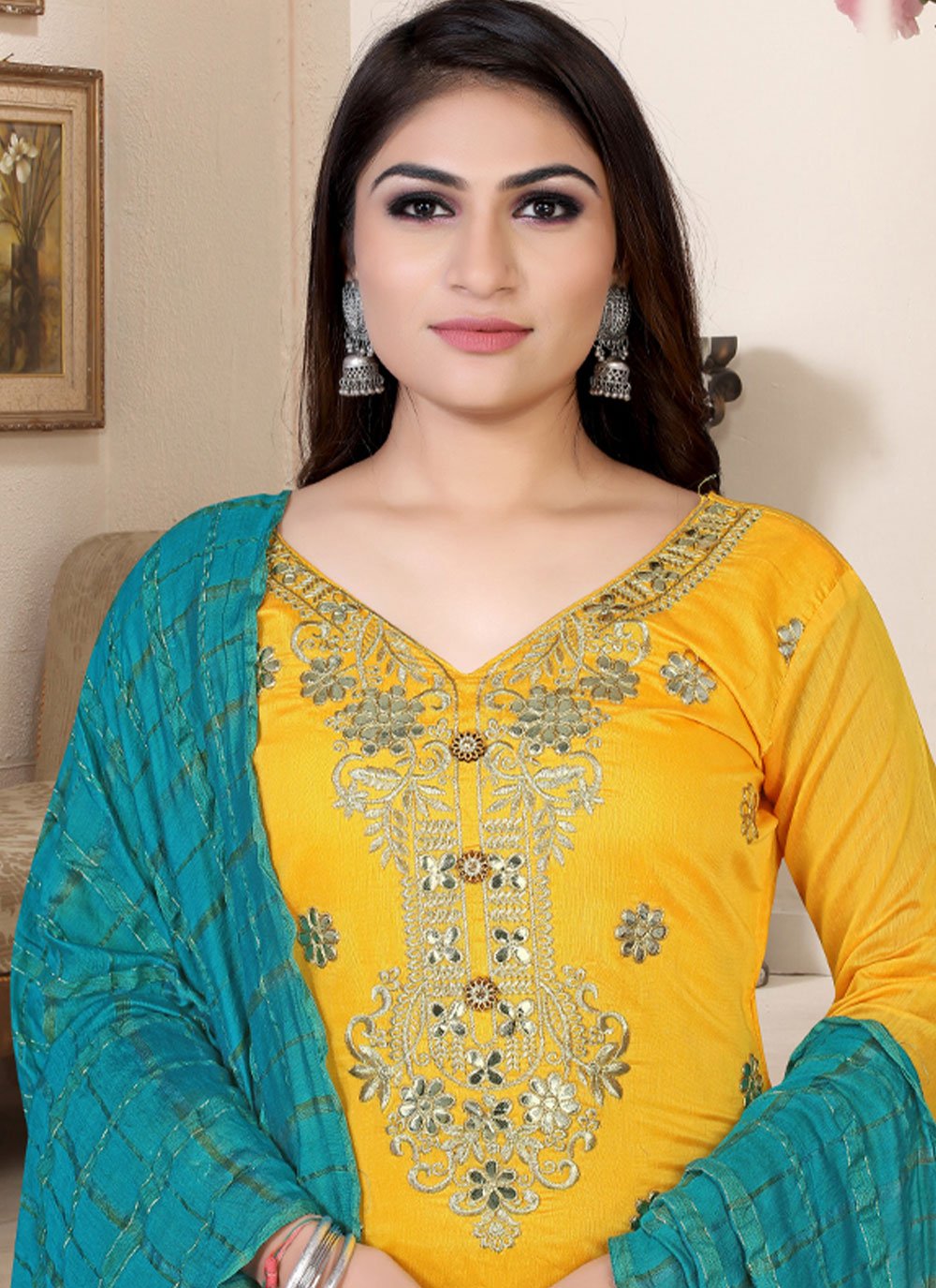 Straight Salwar Suit Chanderi Yellow Embroidered Salwar Kameez