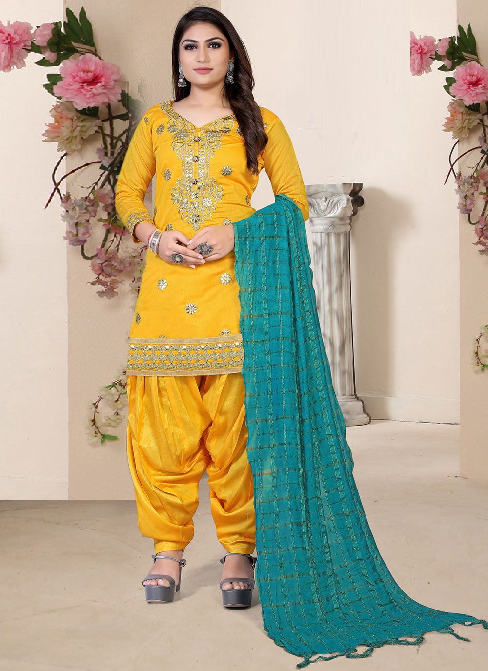 Straight Salwar Suit Chanderi Yellow Embroidered Salwar Kameez