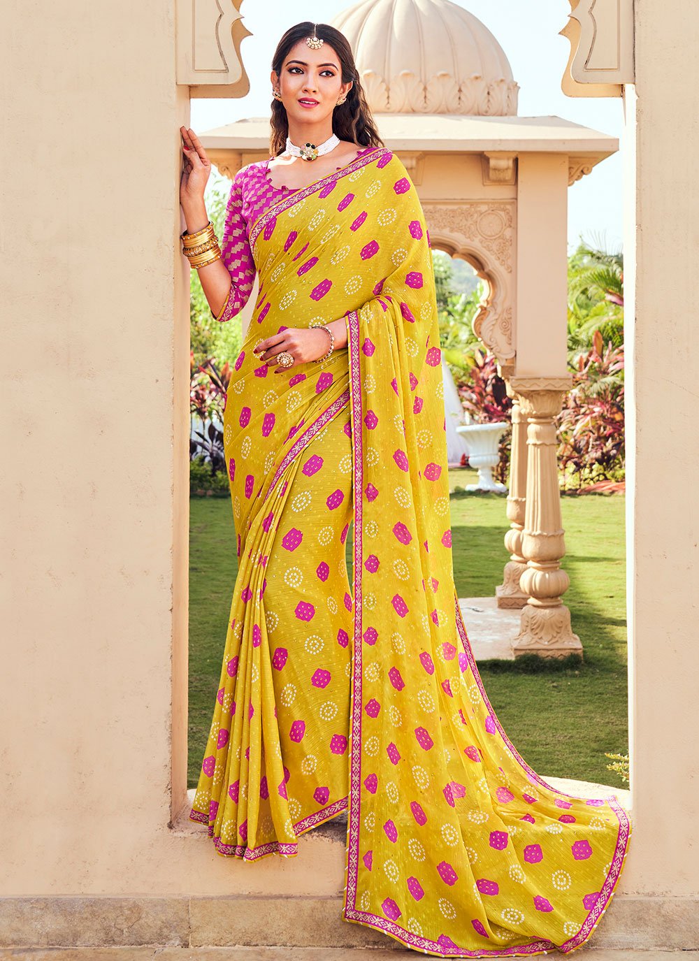 Contemporary Chiffon Yellow Bandhej Saree