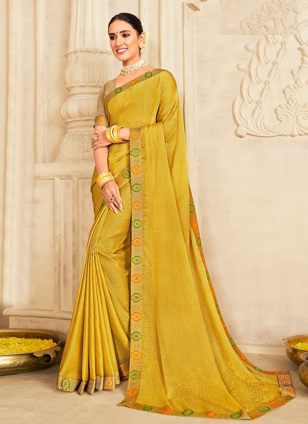 Traditional Saree Chiffon Silk Yellow Foil Print Saree