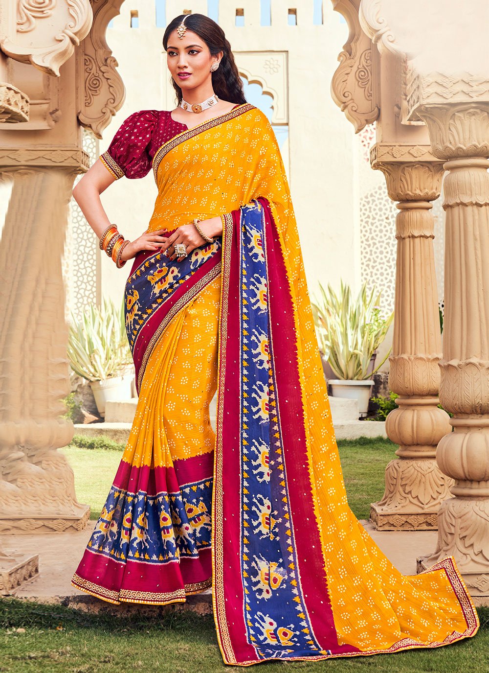 Bandhej Saree Chiffon Yellow Bandhej Saree