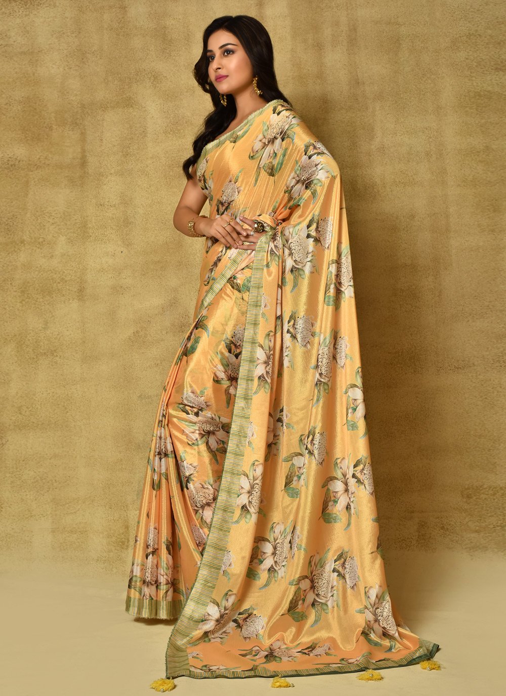 Designer Chinon Yellow Digital Print Saree