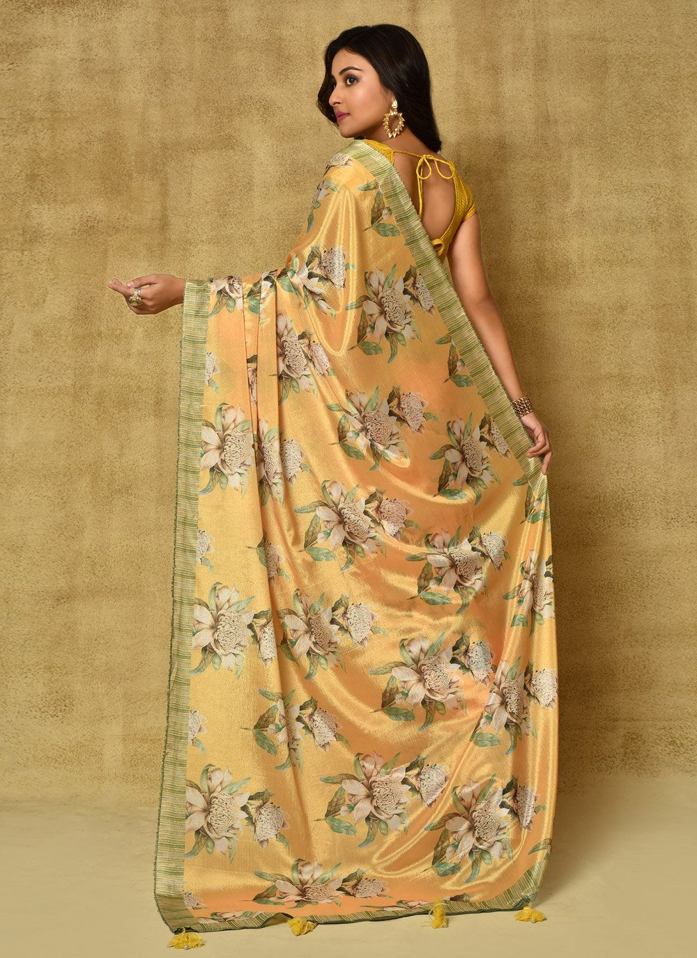 Designer Chinon Yellow Digital Print Saree