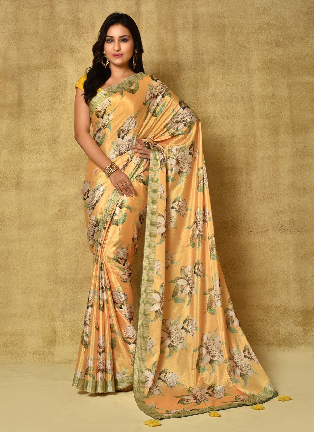 Designer Chinon Yellow Digital Print Saree