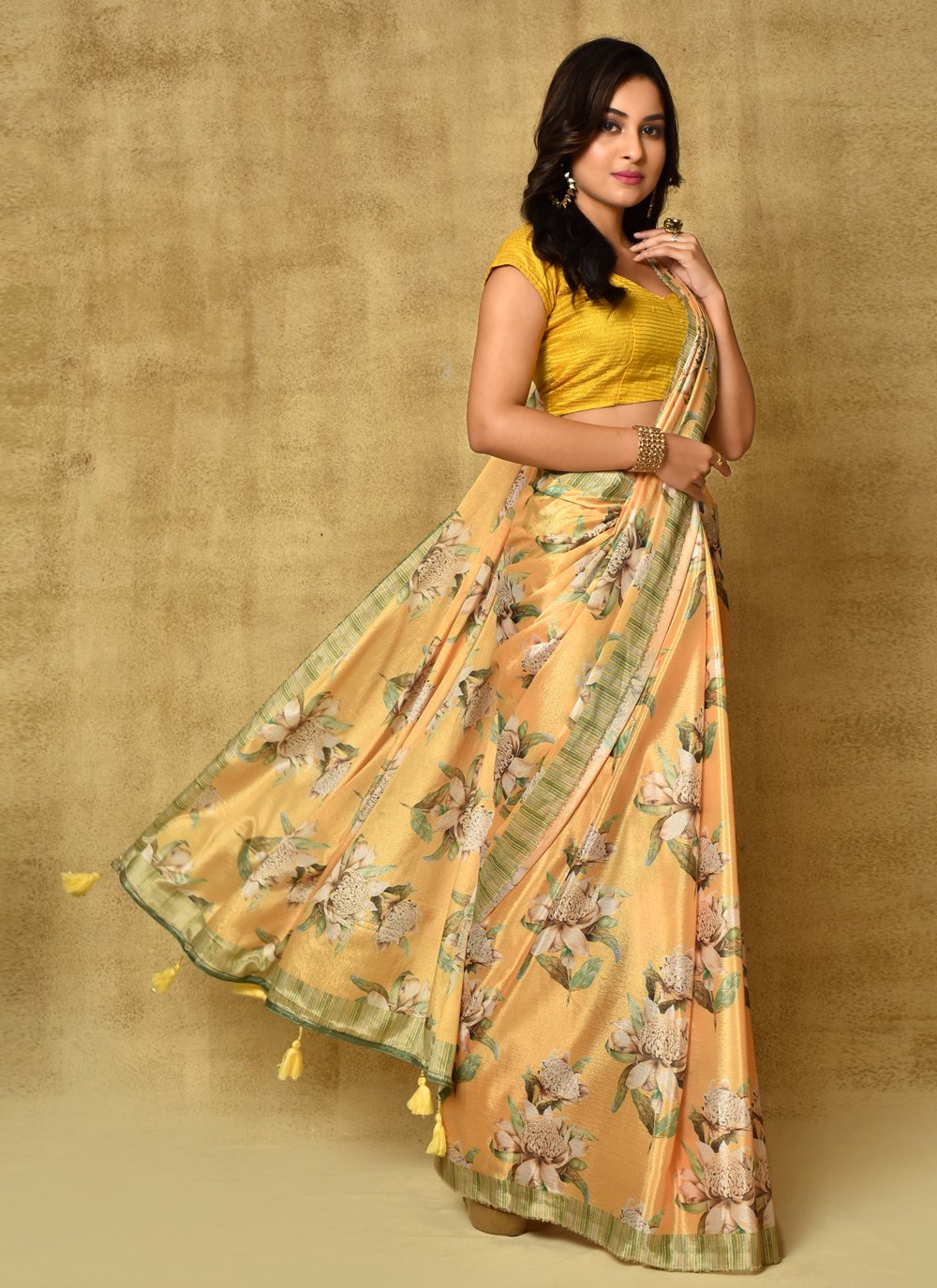 Designer Chinon Yellow Digital Print Saree