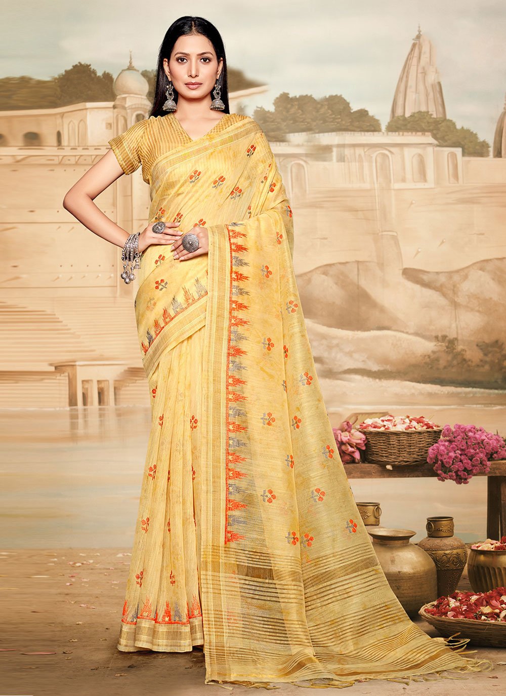 Classic Cotton Linen Yellow Embroidered Saree