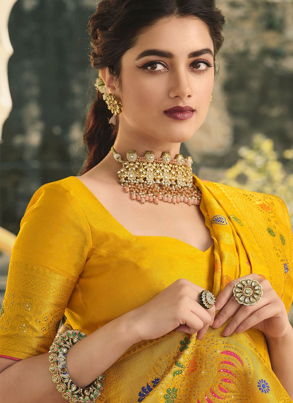 Classic Banarasi Silk Yellow Swarovski Saree