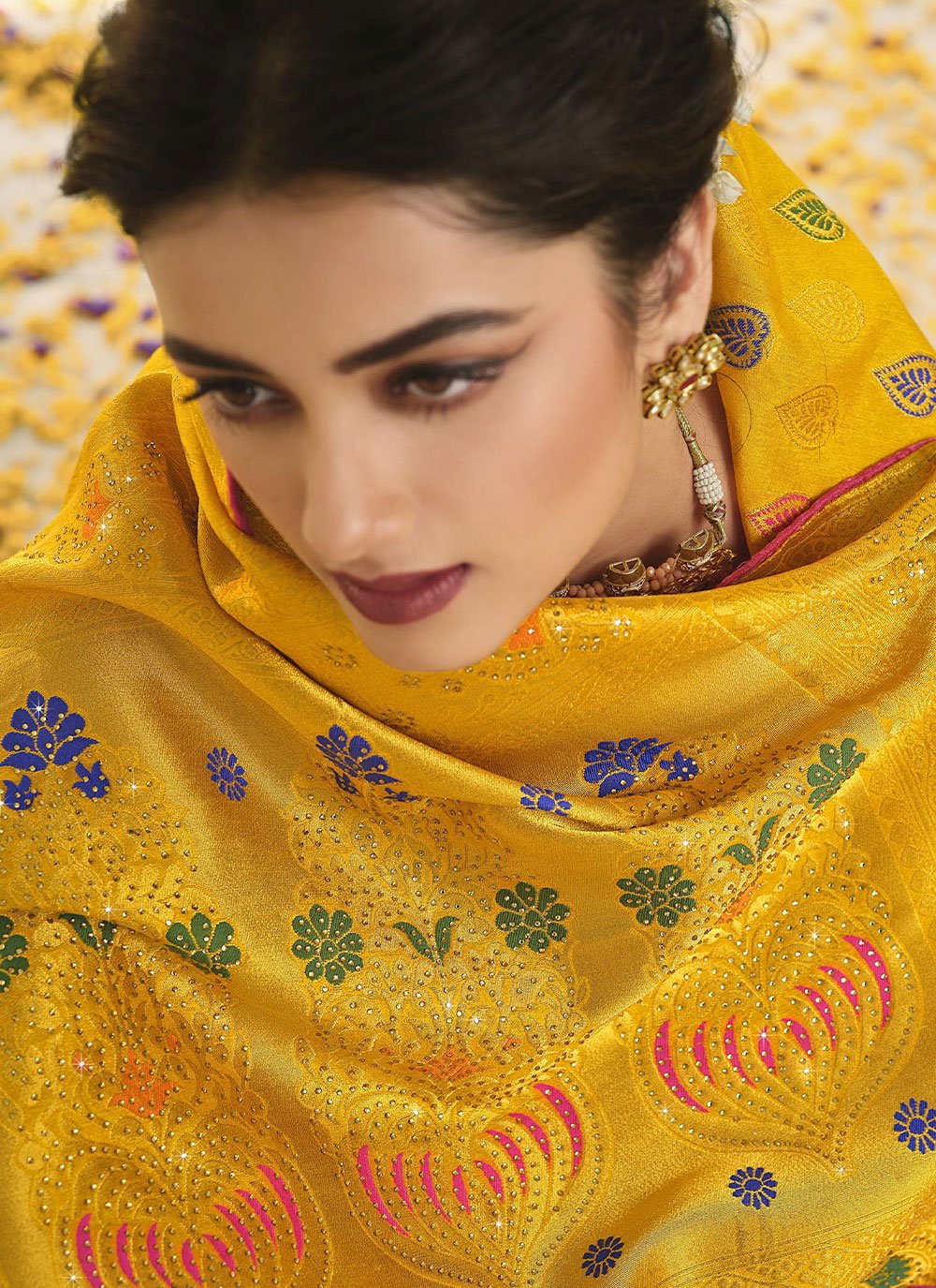 Classic Banarasi Silk Yellow Swarovski Saree