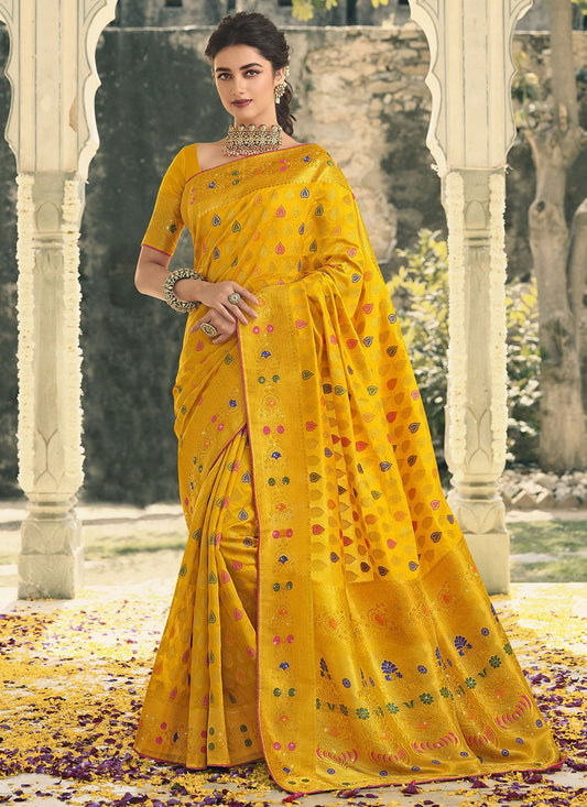 Classic Banarasi Silk Yellow Swarovski Saree