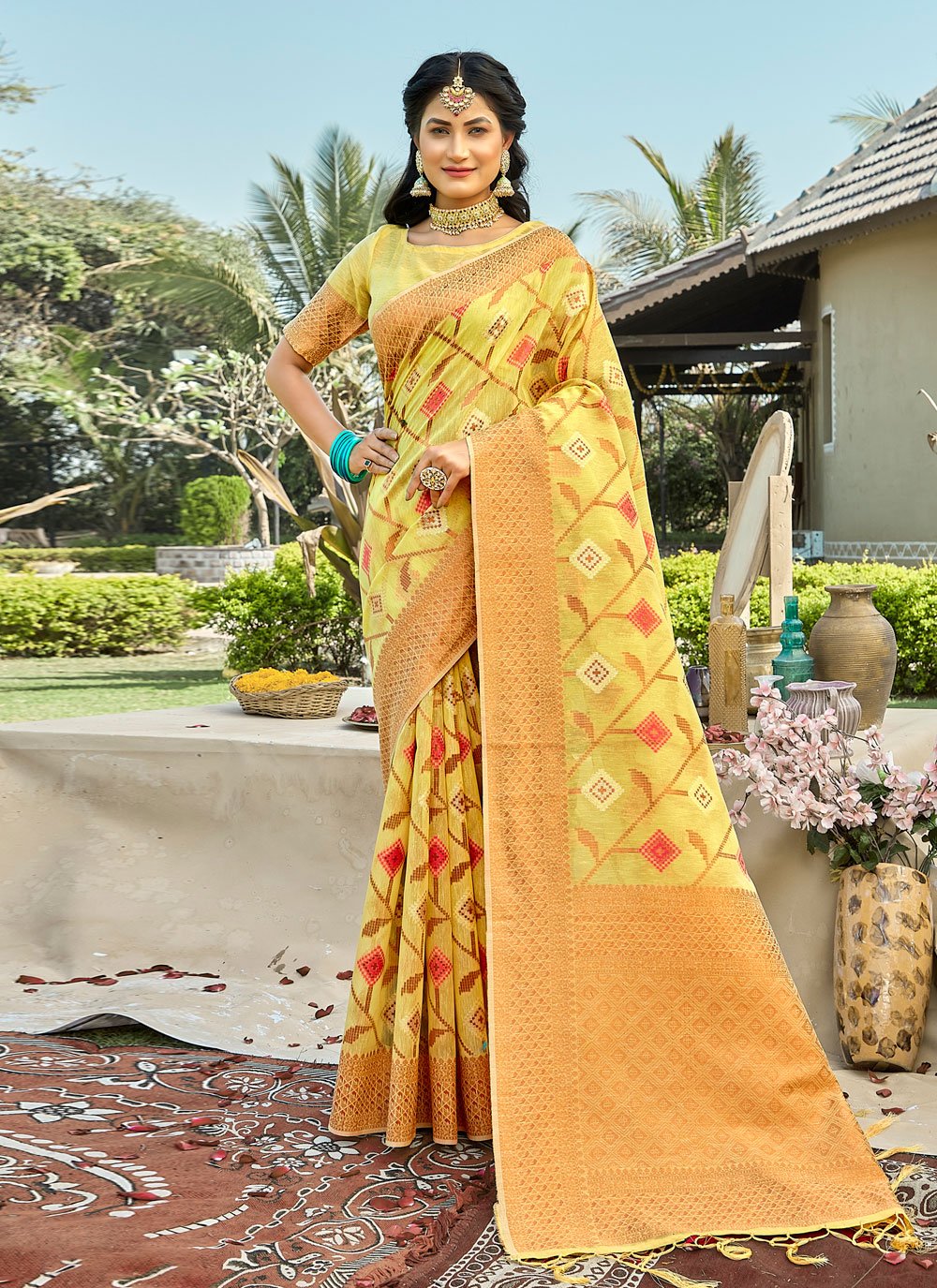 Classic Cotton Yellow Embroidered Saree