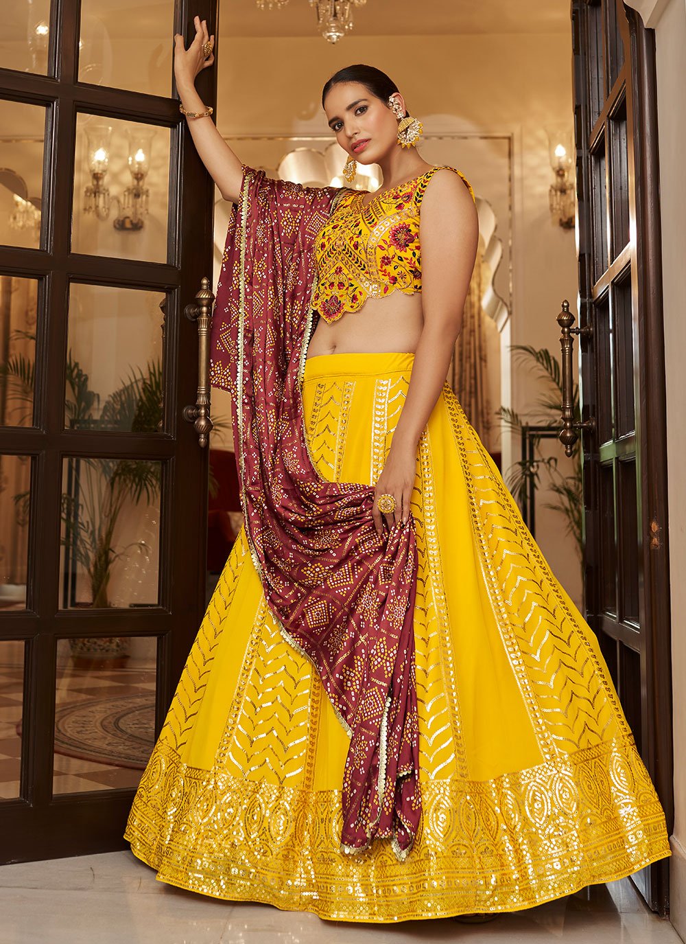 A Line Lehenga Georgette Yellow Embroidered Lehenga Choli