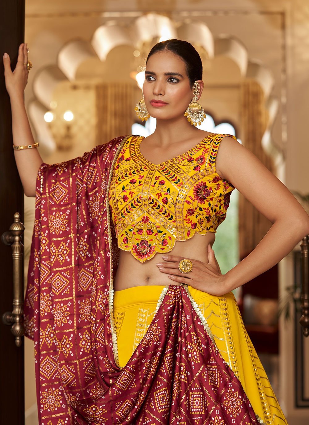 A Line Lehenga Georgette Yellow Embroidered Lehenga Choli