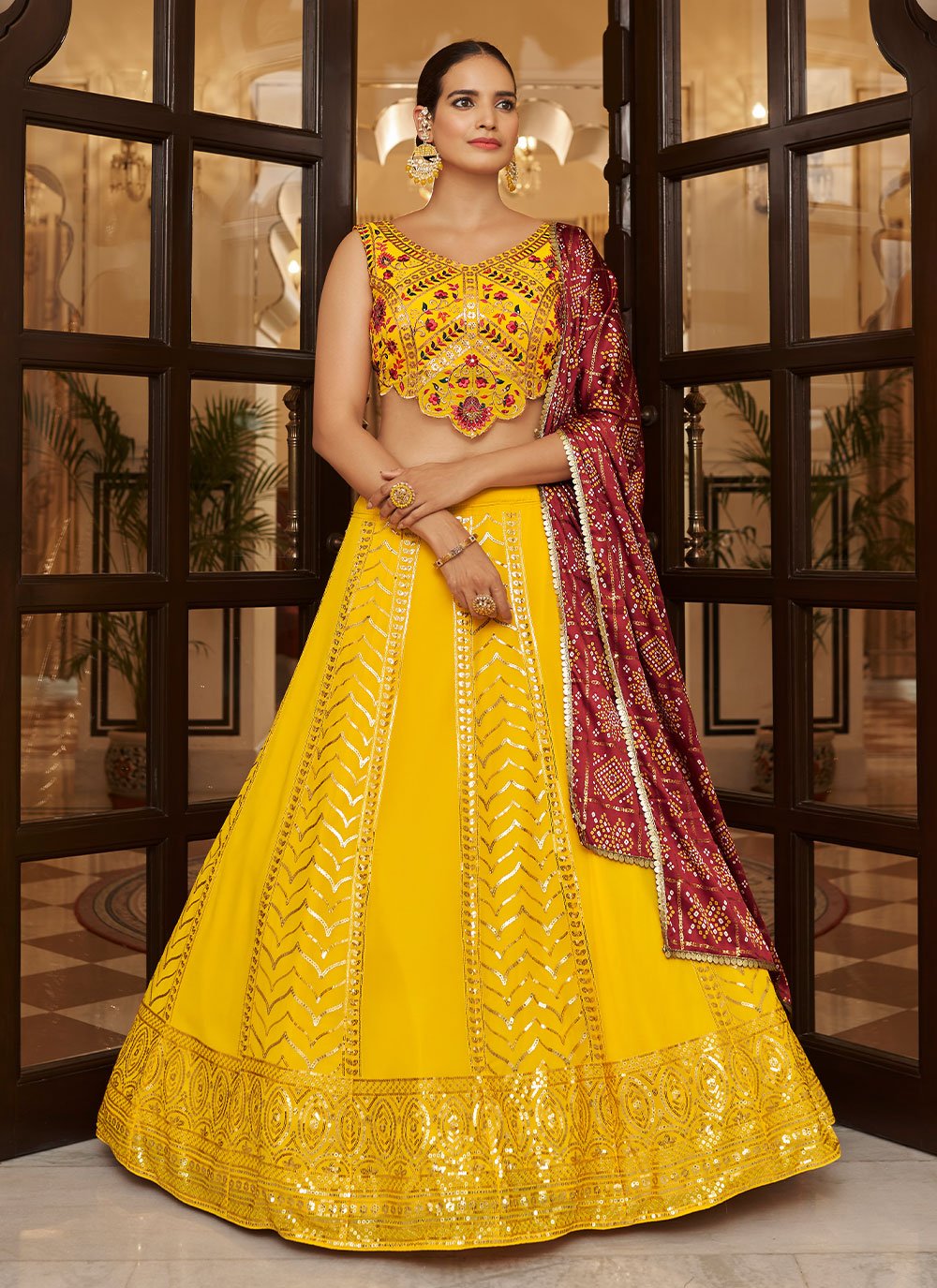 A Line Lehenga Georgette Yellow Embroidered Lehenga Choli