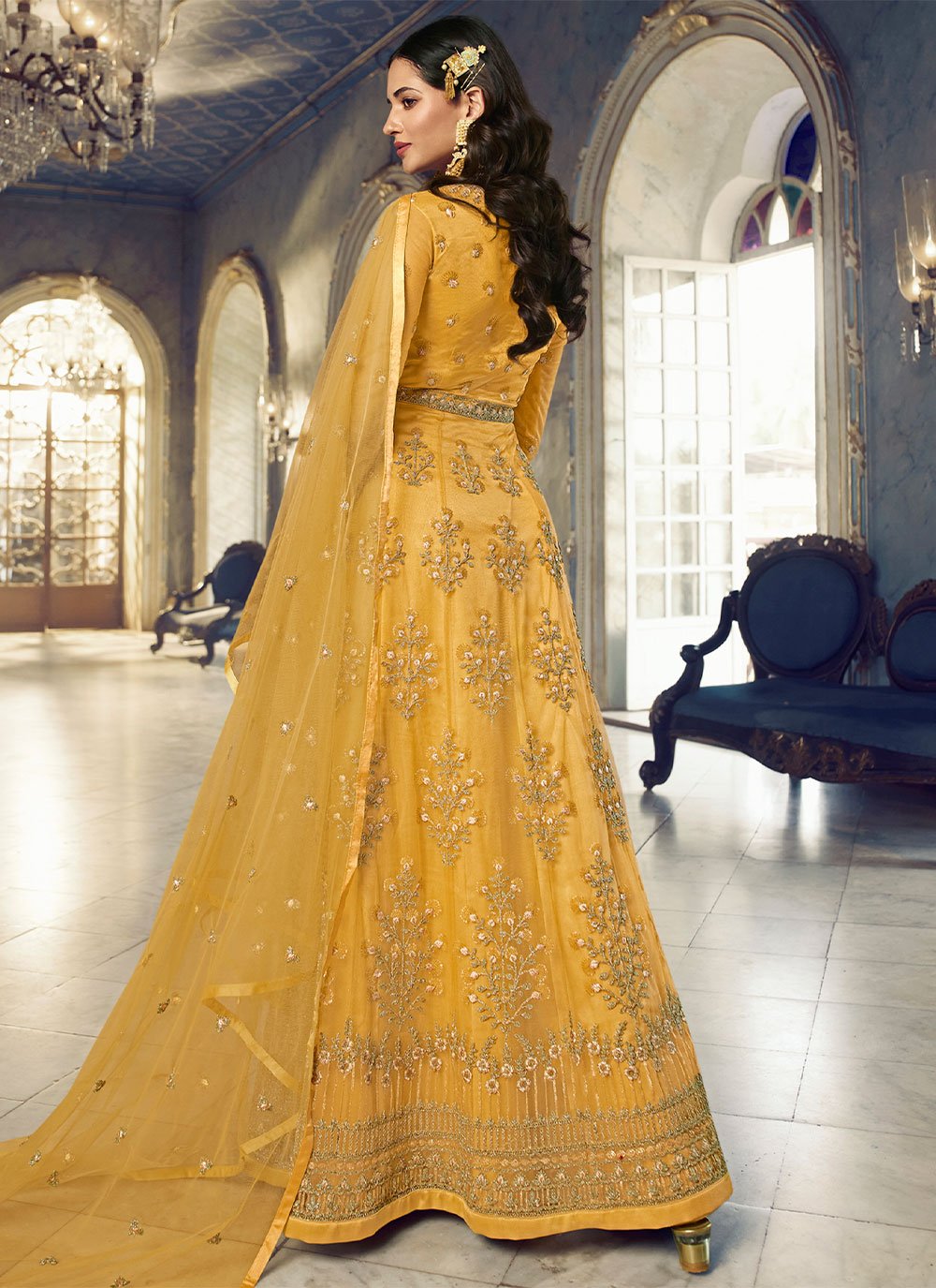 Anarkali Suit Net Yellow Embroidered Salwar Kameez