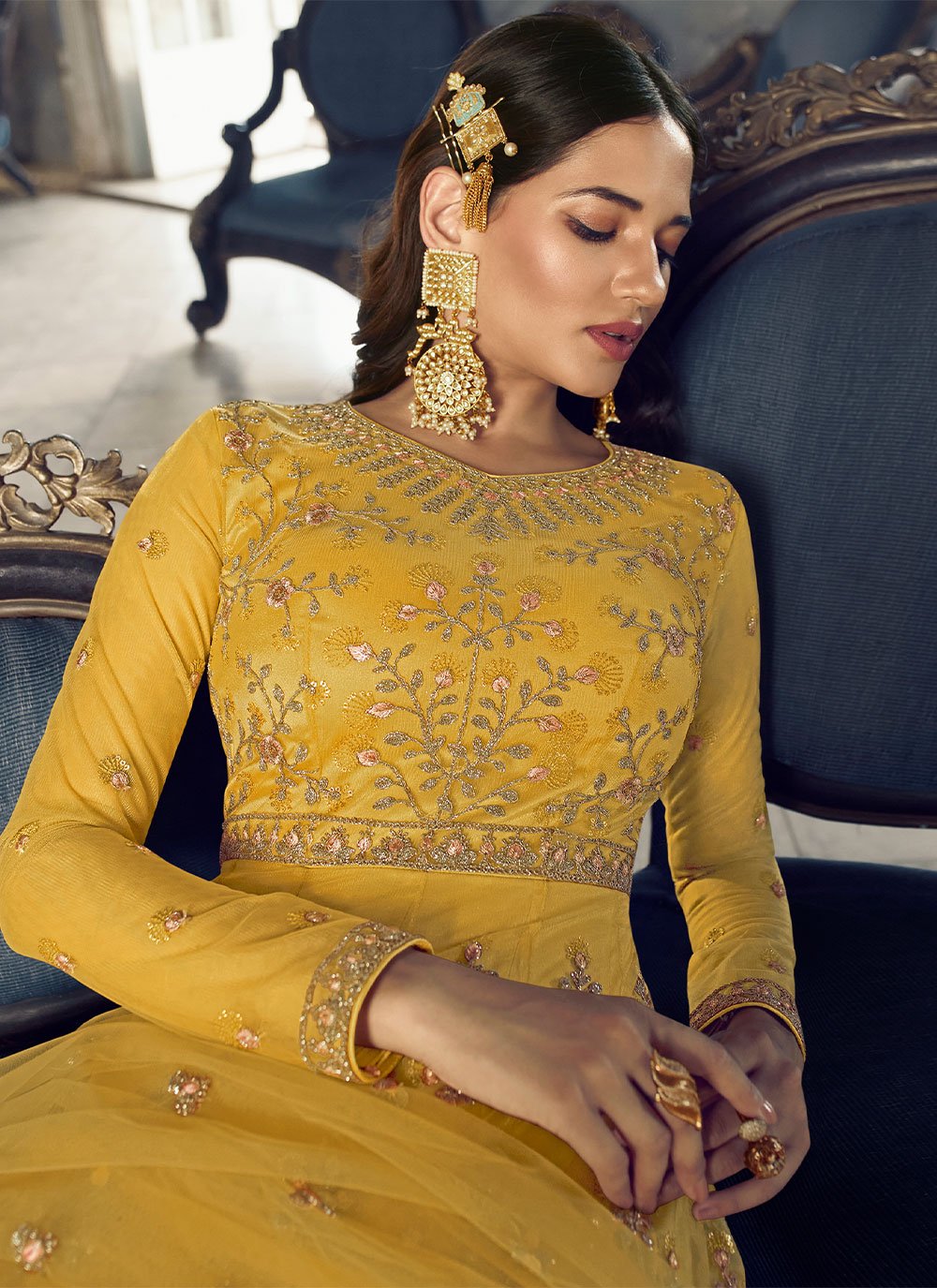 Anarkali Suit Net Yellow Embroidered Salwar Kameez