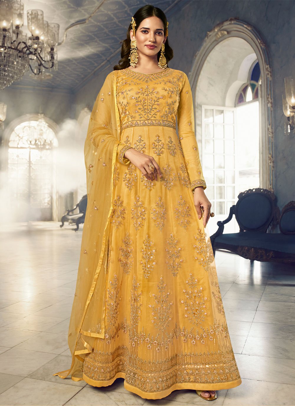 Anarkali Suit Net Yellow Embroidered Salwar Kameez