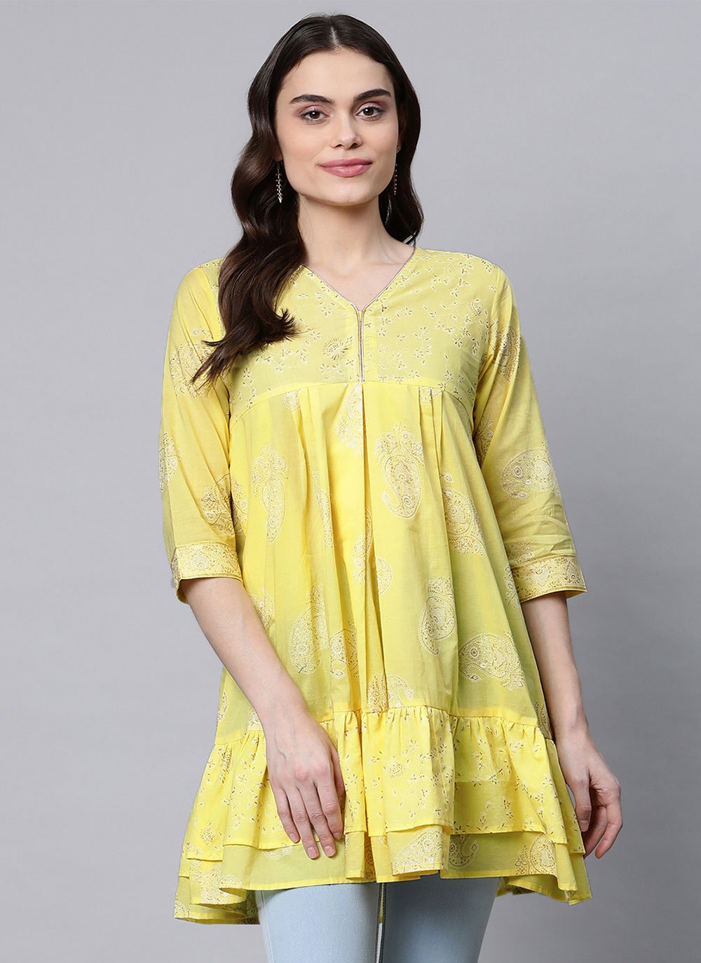 Casual Kurti Cotton Yellow Print Kurtis