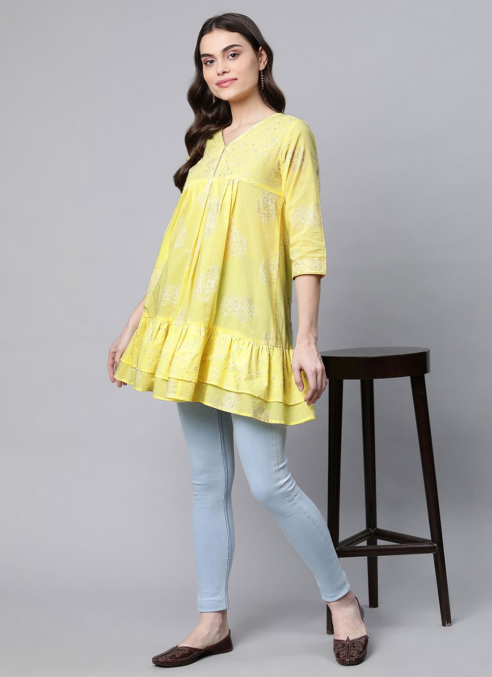 Casual Kurti Cotton Yellow Print Kurtis