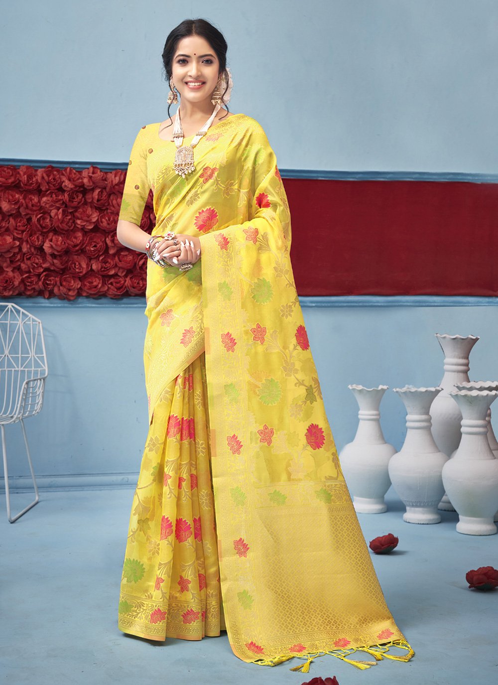 Designer Organza Yellow Fancy Work Saree