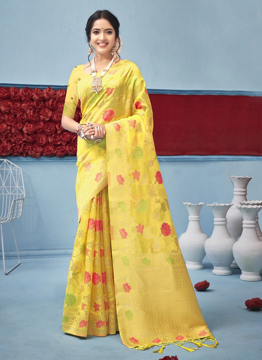 Designer Organza Yellow Fancy Work Saree