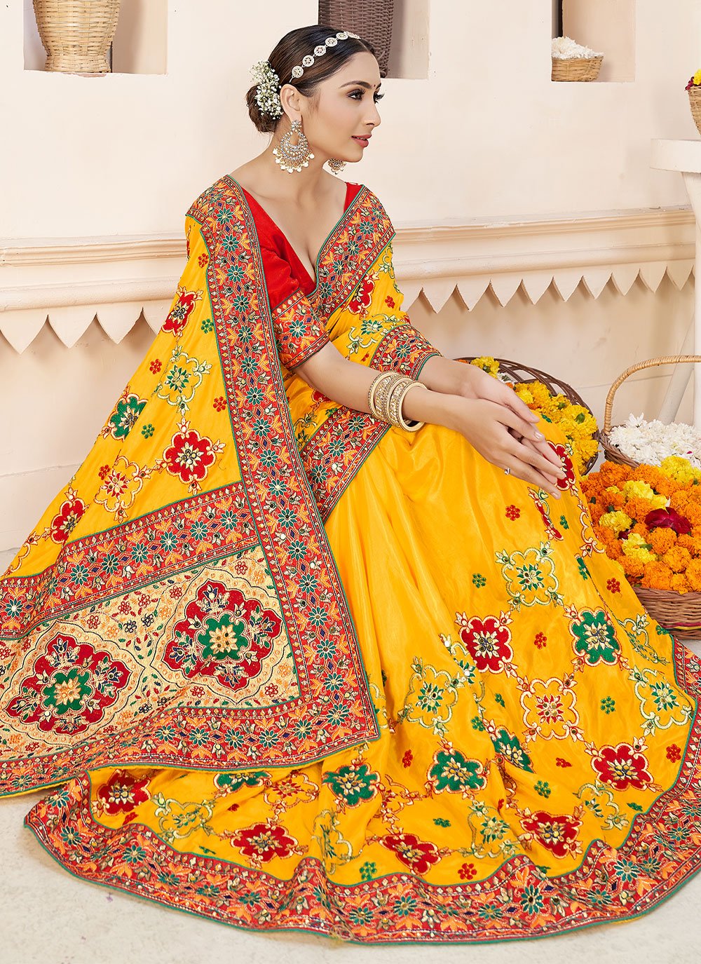 Contemporary Faux Georgette Yellow Embroidered Saree