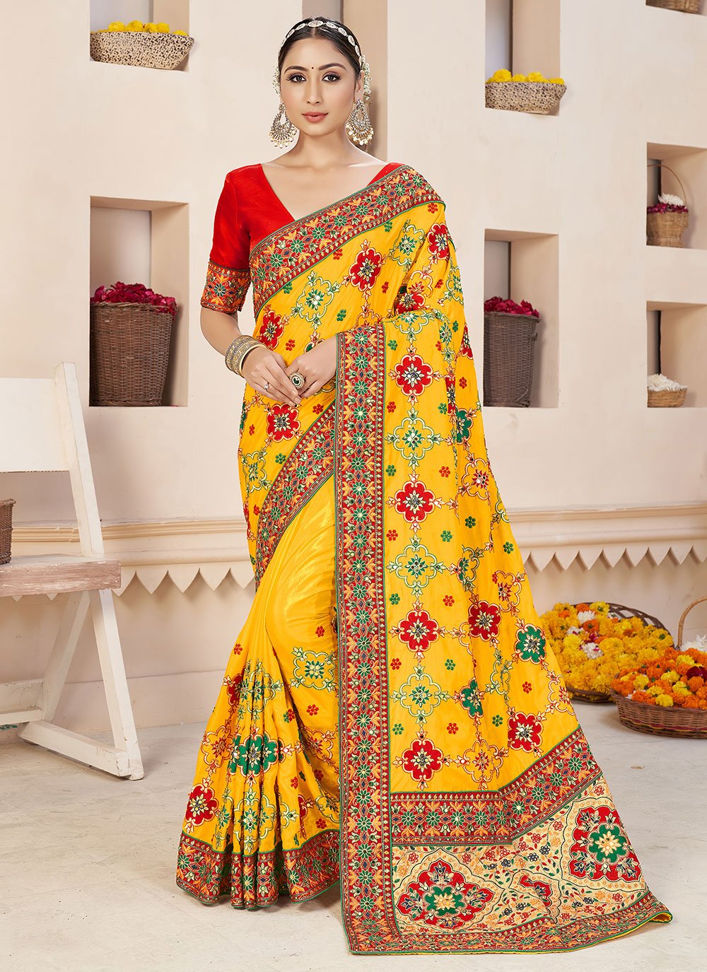 Contemporary Faux Georgette Yellow Embroidered Saree