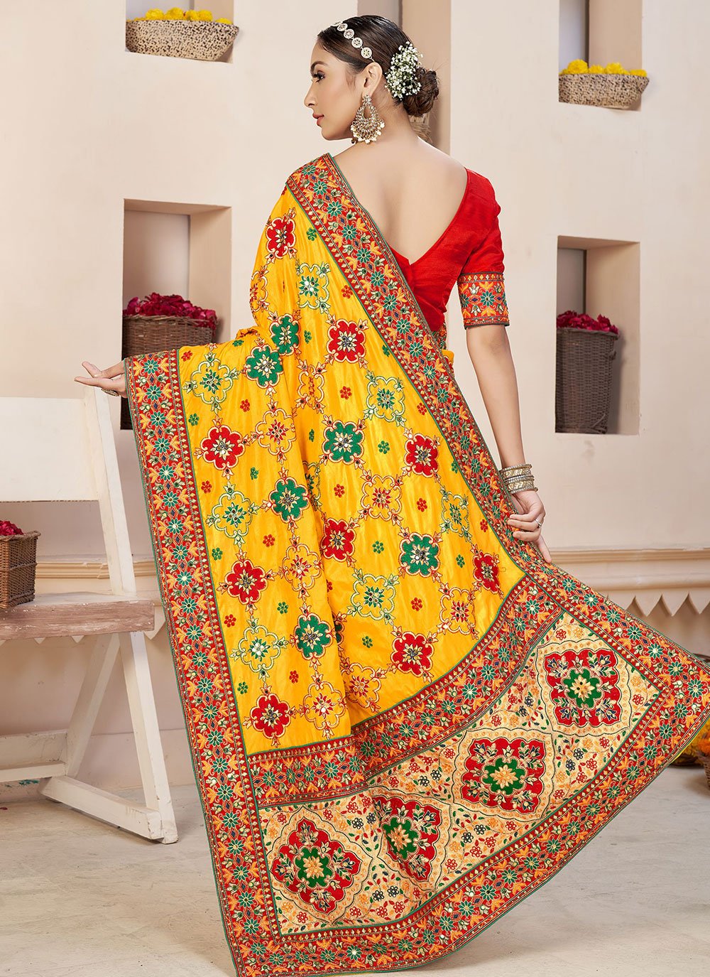 Contemporary Faux Georgette Yellow Embroidered Saree