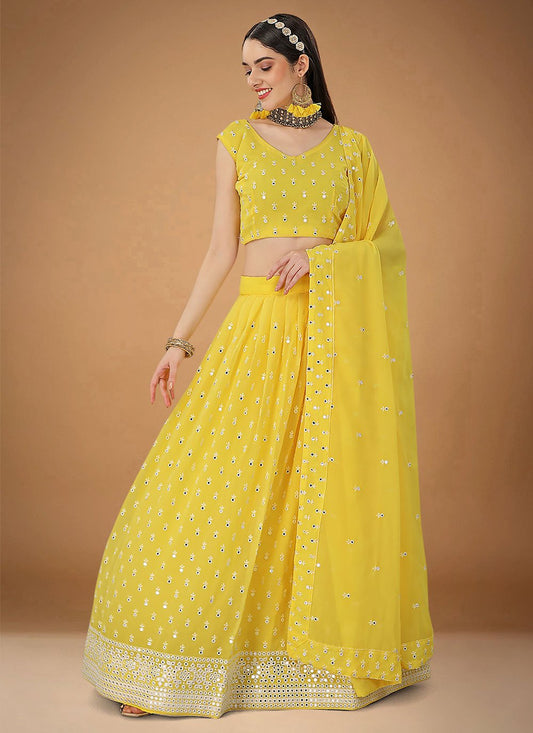 Lehenga Choli Faux Georgette Yellow Embroidered Lehenga Choli