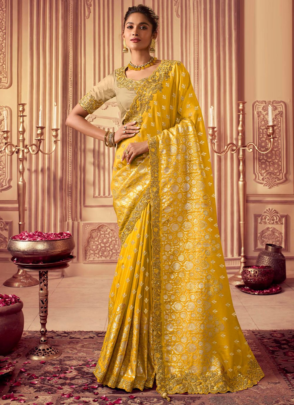Designer Chinon Georgette Yellow Embroidered Saree