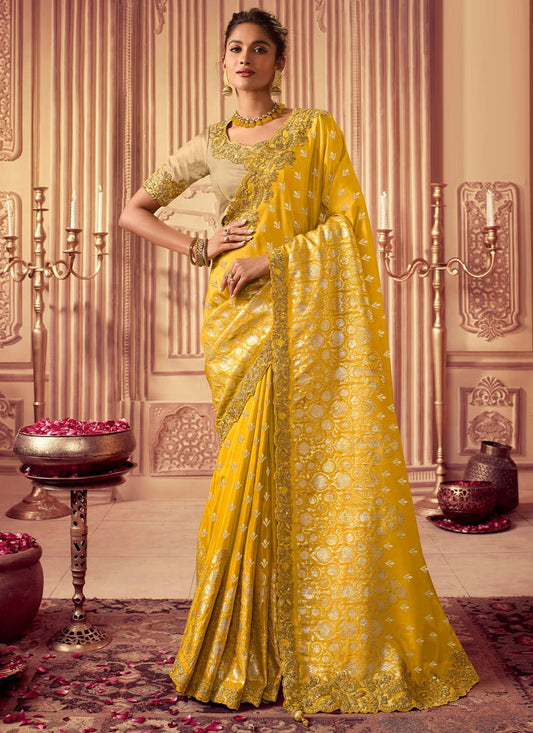 Designer Chinon Georgette Yellow Embroidered Saree