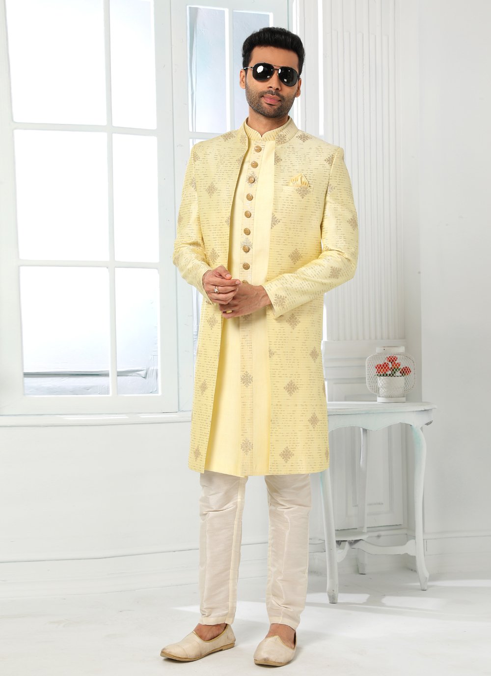 Indo Western Art Silk Yellow Machine Embroidery Mens