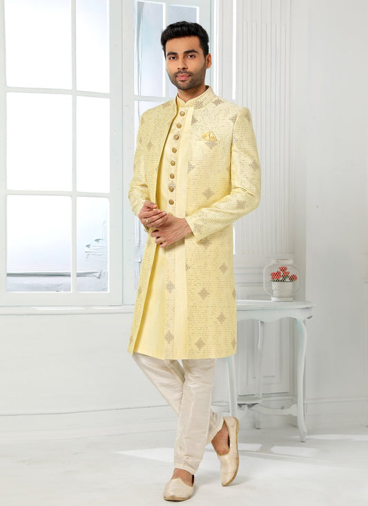 Indo Western Art Silk Yellow Machine Embroidery Mens